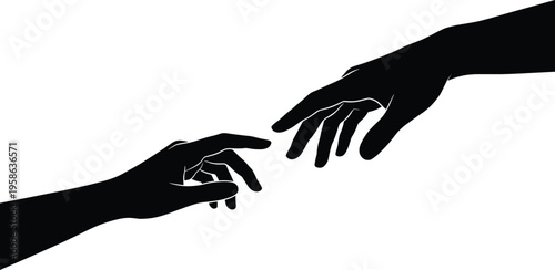 Hands reaching silhouette human connection creation gesture inspired by Michelangelo art concept touch vector illustration isolated symbolic design