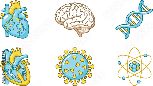 Detailed medical and scientific icon set featuring human heart anatomy brain structure DNA double helix virus cell and atomic model for healthcare and biological education