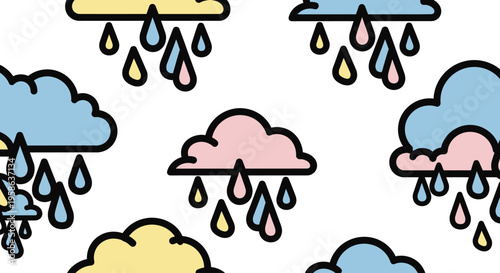 Colorful cartoon rain clouds dropping water.