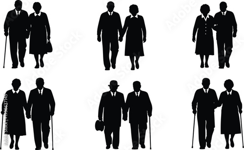 Elderly couple walking silhouettes collection, senior men and women with walking sticks isolated on white background, retirement lifestyle vector illustration set