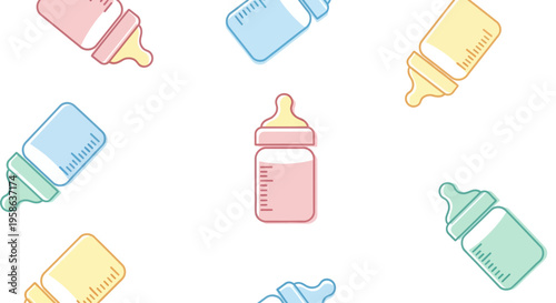 Baby bottles in pastel colors.