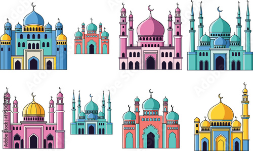 Colorful Islamic mosques with domes and minarets, crescent moon architecture, Ramadan Eid festival decoration, vibrant cultural heritage flat vector illustration artwork