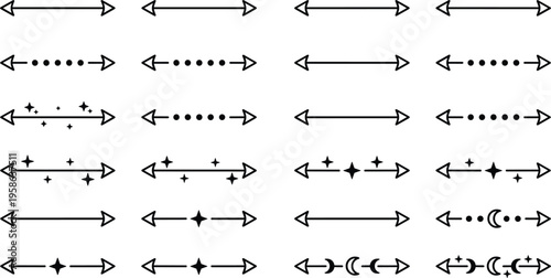 Elegant celestial divider set featuring double ended arrows decorated with stars moon phases and mystical geometric ornaments