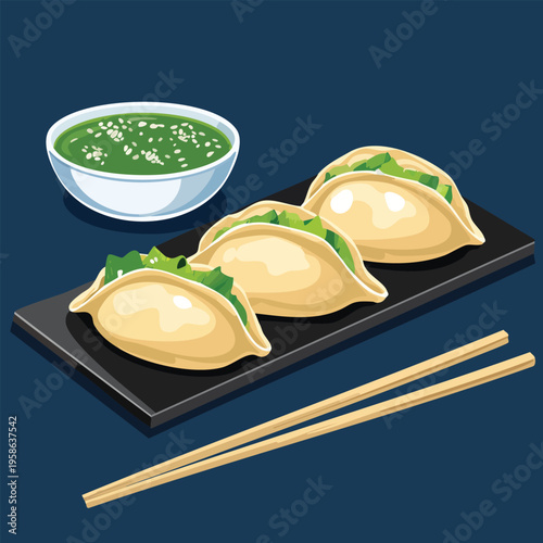 Isometric dumplings and dipping sauce on a dark rectangular plate with chopsticks