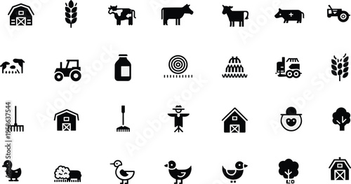 Farm agriculture icon set, black vector illustration of barn, tractor, livestock animals, crops and rural farming equipment collection