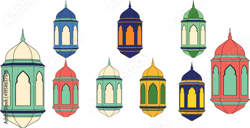 Islamic lantern collection colorful ramadan lamps vector illustration arabic decorative lights festive eid design cad drawing flat style
