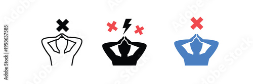 Headache and migraine pain icon set, vector illustrations representing stress, mental pressure, and discomfort, clean flat and outline design for healthcare, medical, and wellness apps or infographics