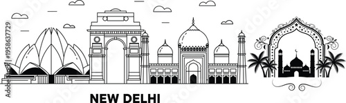 New Delhi skyline illustration, India landmarks vector, lotus temple, India gate, mosque silhouette, ramadan kareem design, black white line art