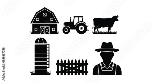 Black and white silhouette illustration of farm elements barn tractor cow silo and farmer