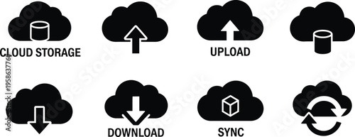 Collection of cloud storage icons representing data management and digital solutions