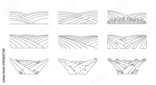 Line art illustration depicting various grassy hill and field landscapes