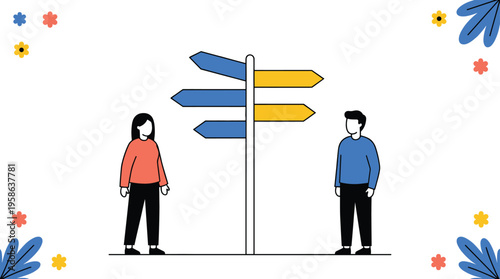 Flat Vector Illustration of a Man and Woman Standing Near a Directional Signpost Deciding on Career Paths