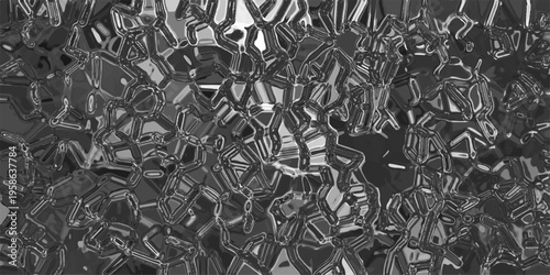 Metallic grey abstract background with a complex geometric crystalline structure and fluid-like textures creating a futuristic and industrial visual for design