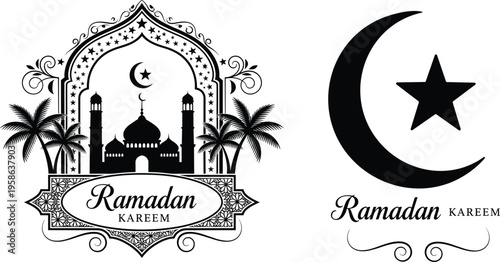 Ramadan Kareem greeting, islamic mosque silhouette, crescent moon star, arabic design, eid mubarak concept, black white vector illustration, ornamental, template