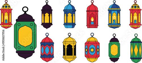 Ramadan lantern set colorful arabic lamps vector illustration islamic decorative lights festive eid design collection cad drawing flat