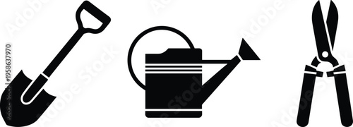 Garden tools silhouette collection with shovel watering can and pruning shears, black gardening equipment icons isolated on white background illustration