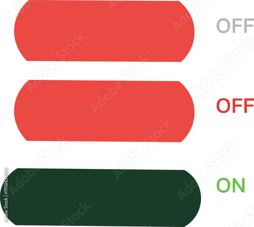 Toggle switch icons ON OFF states, user interface design, activation deactivation buttons, digital UI control flat vector illustration artwork