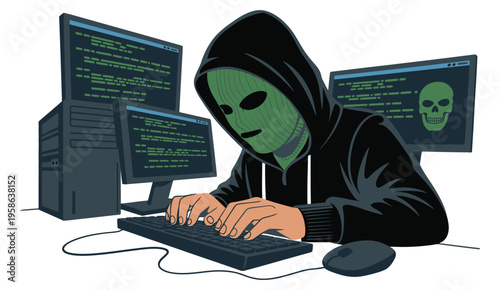Modern Illustration of a Hacker, digital cyber attack concept depicting network security breach, data theft, and online intrusion flat vector design isolated on white background