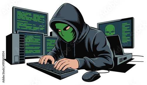 Modern Illustration of a Hacker, digital cyber attack concept depicting network security breach, data theft, and online intrusion flat vector design isolated on white background
