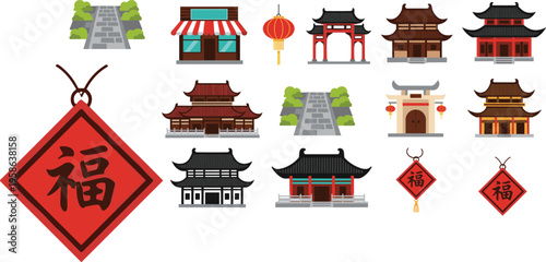 Traditional Chinese temples with ornate curved roofs, red lanterns, fortune blessing symbol, cultural heritage celebration, prosperity flat vector illustration