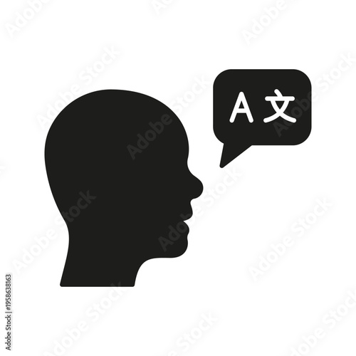 Person Speaking With Language Symbols Solid Icon. Multilingual Communication And Translation Silhouette Symbol. Language Learning And Interpretation. Isolated Vector Illustration