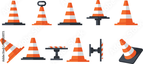 Traffic cones with reflective stripes, road safety markers, construction zone hazard warning equipment, orange barricade design flat vector illustration artwork