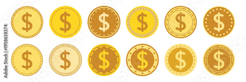 Gold dollar coin vector illustration isolated on white, flat design currency and finance symbol for business, investment, economy, money sign pictogram for banner and decoration elements