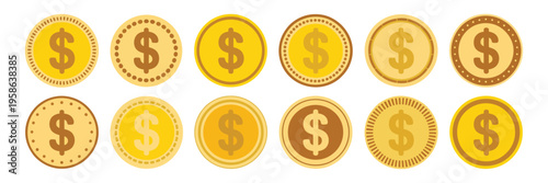 Gold dollar coin vector illustration isolated on white, flat design currency and finance symbol for business, investment, economy, money sign pictogram for banner and decoration elements