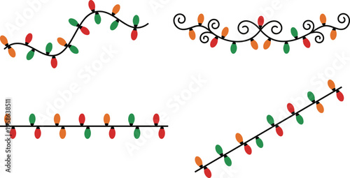 Decorative string lights vector illustration with colorful red, green, and orange bulbs on black wires in straight, wavy, curly, and diagonal festive holiday designs