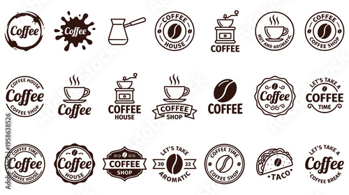Vintage coffee logo set with beans and cups for shop branding design