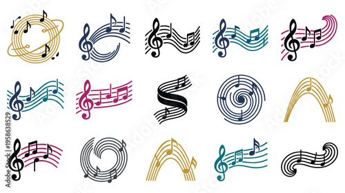 Abstract musical note icons set with treble clef and stave melodies