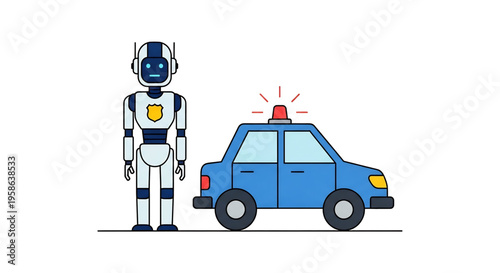 Robot standing beside a police car symbolizing automated law enforcement.