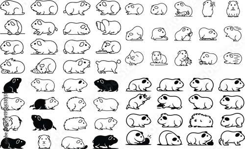 Set of 50 guinea pig icons vector, black and white illustrations