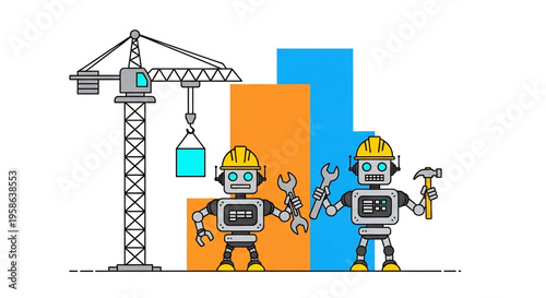 Construction robots working with cranes and buildings in a futuristic city site. 