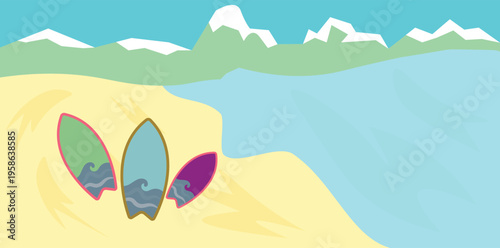 Beach Scene with three Surfboards