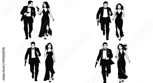 Collection of four vector illustrations featuring secret agents and glamorous women running in formal attire