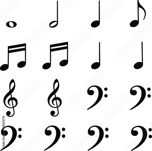 Music notes symbols set treble clef bass notation icons black vector illustration isolated musical elements design collection