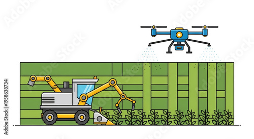 Robotic agricultural system harvesting crops with drones and machinery. 