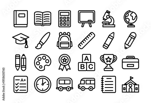 Cute school and education icons set with books, pencils, backpack, globe, bus, and classroom items in a pastel flat outline vector style