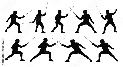 Multiple black silhouette illustrations depicting fencers in various dynamic fighting and defensive stances.