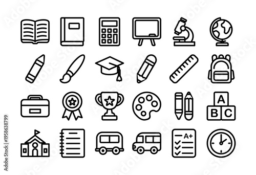 Cute school and education icons set with books, pencils, backpack, globe, bus, and classroom items in a pastel flat outline vector style