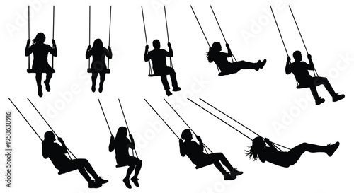 Collection of diverse vector graphic silhouettes illustrating people enjoying playful moments on outdoor swings.