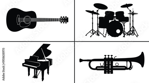 Musical instruments silhouette set guitar drum kit piano trumpet music band vector illustration isolated collection black icons