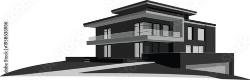Modern luxury house exterior illustration, contemporary two story villa with balcony and garage, minimalist black and white architectural design isolated