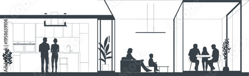 Modern open plan home interior with family silhouettes, kitchen living and dining area cutaway view, contemporary minimalist house illustration design
