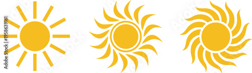 Stylized yellow sun icons with circular centers and varied ray designs including straight, curved, and wavy patterns, symbolizing energy, warmth, light, summer, and nature