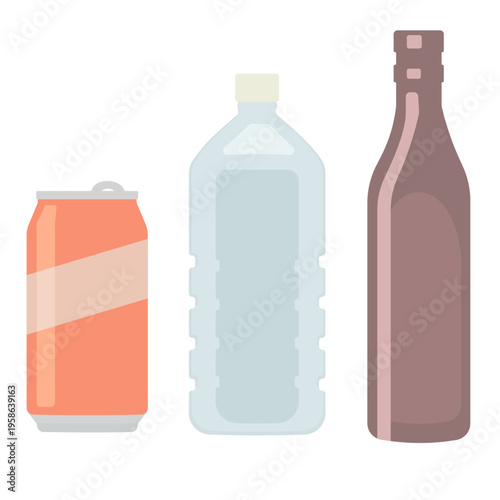 空き缶、殻のペットボトル、空き瓶の資源ゴミのイラスト