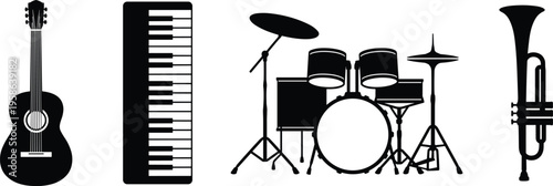 Musical instruments silhouette set guitar piano drums trumpet black vector illustration isolated music equipment collection design elements