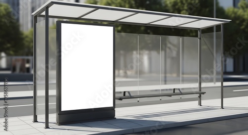 Modern urban bus stop featuring a prominent blank white advertising billboard mockup, perfectly positioned for impactful street marketing and design display