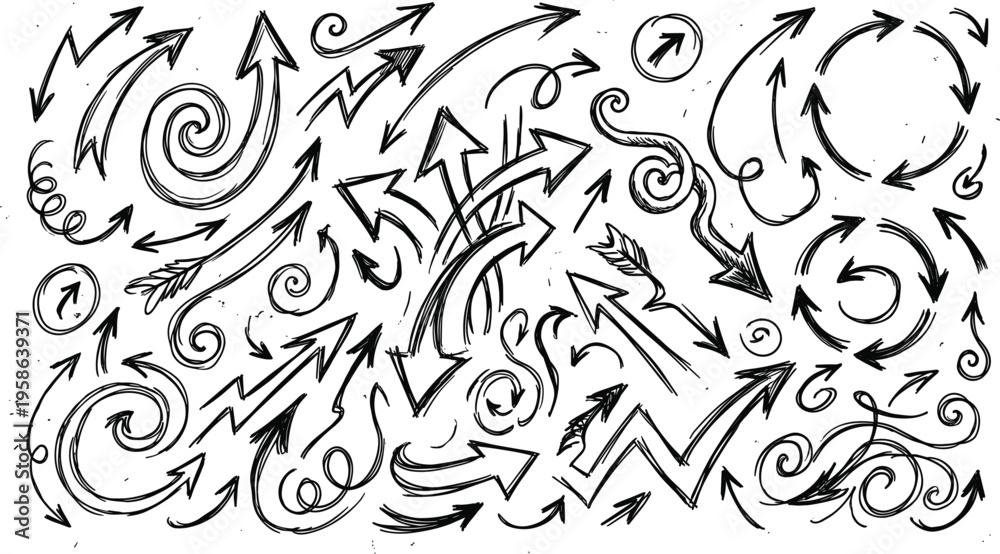 Fototapeta premium Large Collection Of Hand Drawn Grunge Arrow Icons Featuring Various Shapes Spirals Curves And Directions Vector Illustration For Infographic Design